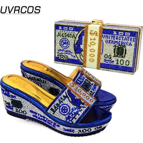 2021 Nigerian New Arrival Italian Design Royal Blue Color Speical Narrow Band and Cross-tied Style Party Women Shoes and Bag Set