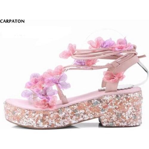 Carpaton Summer Flower Decorations Sandal 2018 Platform Square Heels Lace-up Gladiator Sandal Sexy Open Toe Glitter Shoes