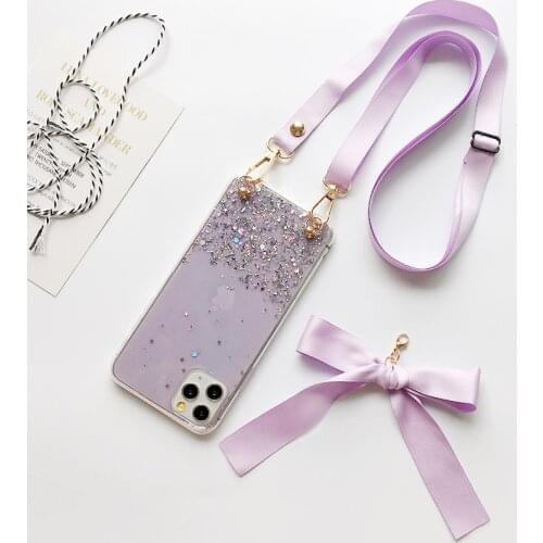 Bling Sequins Lanyard Phone Case For Samsung A82 A72 A52 A42 A32 A22 A12 A02S M10 M20 M30 M30S M31 Glitter TPU Strap Chain Cover