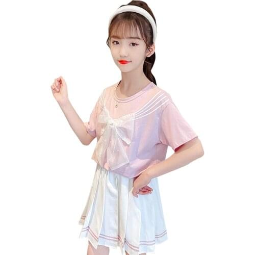 Kids Summer Clothes Girls Tshirt + Skirt Girls Outfits Pearls Girls Clothing Sets Mesh Costumes For Children
