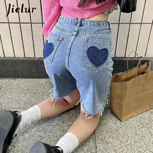 Jielur Blue Fur-trimmed Love Shorts Jeansy Chic Summer High Waist Casual Damskie Loose Straight Denim Short Pocket Zipper Female