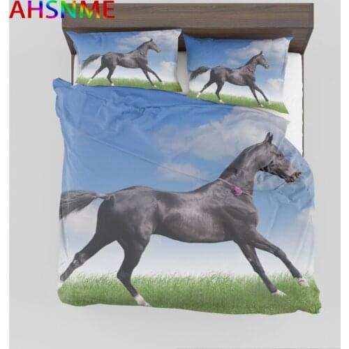 AHSNME Grass Horse Bedding Set Black Horse Duvet Cover Sets Customize Europe Size King Queen for Double Bed Adults Bedlinens