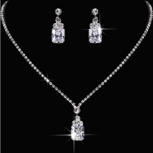 Luxury Female Square Crystal Jewelry Set Charm Silver Color Wedding Dangle Earrings For Women Trendy White Zircon Chain Necklace