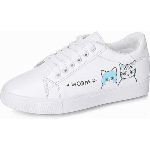 Cartoon Cute Cat Flat Shoes 2019 New Arrival Fashion white Womens Shoes Zapatos De Mujer Non-Slip Sneakers Ladies Tennis Shoes