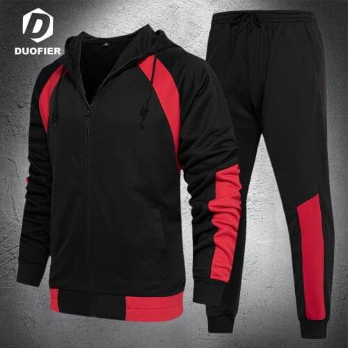 Fashion Mens Clothes 2021 Autumn Patchwork 2 Piece Set Men Zipper Hooded Jacket Coats And Drawstring Pants Outfit Casual Suits