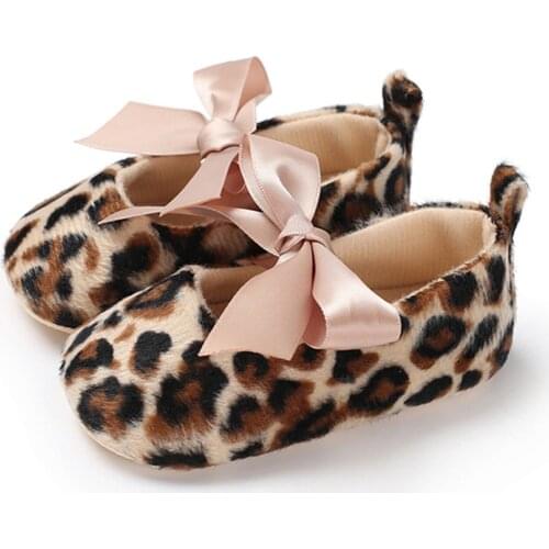 Fashion Newborn Infant Baby Girls Cute Leopard Printed Fur Prewalker Bowknot Soft Anti-slip First Walkers Shoes Moccasins#p4