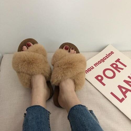 Warm Fur mules slippers mujer furry cross belt all match leisure shoes ladies girl loafers 2019 new trendy slides femme flipflop