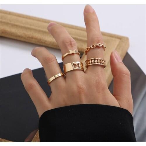 Punk Gold Metal Butterfly Chain Rings Set For Women Girls Men Fashion Finger Tail Ring Set Party Jewelry