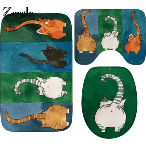 Cat Printed Bath Mat Set Anti Slip Bathroom Rug Flannel Toilet Pedestal Rug Absorbent Bathroom Doormat Toilet Seat Cover Mat
