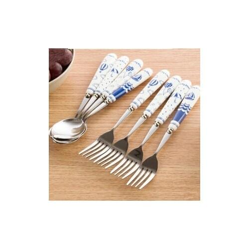 New Arrival Blues-based Marine Wind Ceramic Handle Stainless Steel Spoon Fork Kit Creative Tableware Dinner Spork Set 4Pcs/Lot