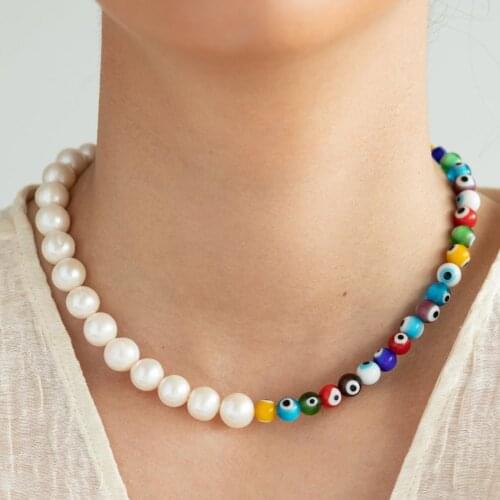 Korean boho exquisite jewelry accessories gift multi eil eye beaded natural baroque freshwater pearls Choker necklaces for women