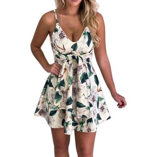 Women Dress Boho Floral Print Holiday Dresses Spaghetti Strap V-Neck Sleeveless Condole Belt A-Line Beach Dress Vestidos Female