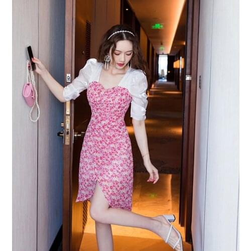 Summer Sweet Casual Midi Streetwear Dress Ladies Elegant Vintage Square Neck Puff Sleeve Flower Print Patchwork Vacation Dress