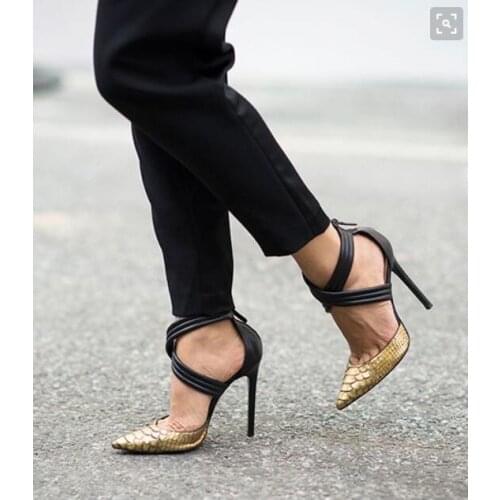 Designer snakeskin patchwork high heel summer sandals closed toe crisscross gladiator PU leather sandal size 34-42 free shipping