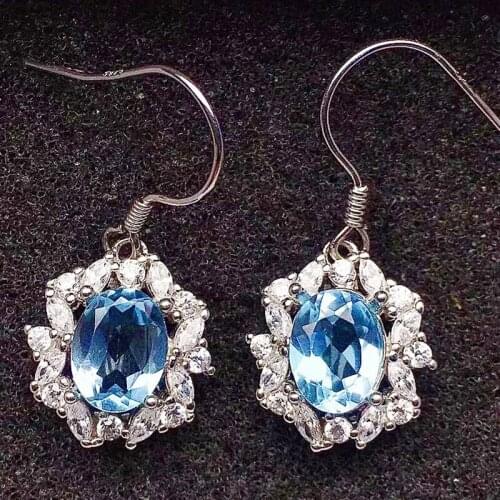 Natural real blue topaz luxury drop earring Per jewelry 7*9mm 3.5ct*2pcs gemstone 925 sterling silver Fine jewelry X218360