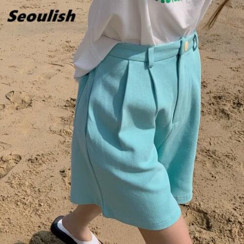 REALEFT 2021 Spring Summer High Waist Womens Shorts Casual Loose Office Lady Half Length Fashion Straight Shorts Female Pockets