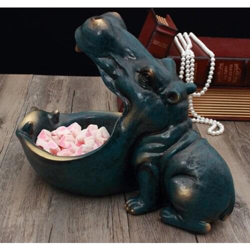 Resin Hippo Statue Big Mouth Key Candy Bowl Container Home Figurine Sculpture Sundries Jewelry Holder Home Table Decoration Gift