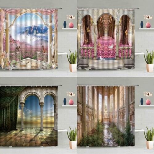 Dream Scenery Shower Curtain Castle Green Plants Leaves Flowers Mountain Deer Arch Bathtub Decoration Screen Washable With Hook