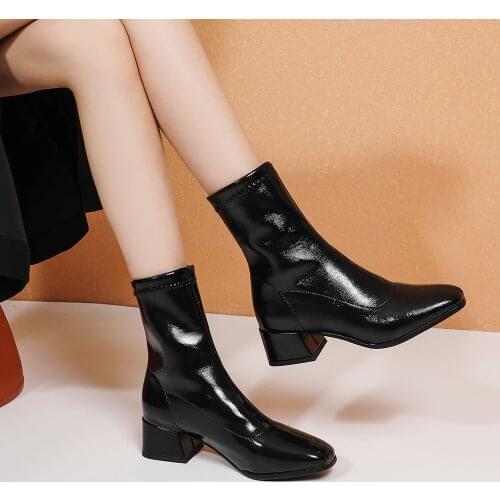 2020 Autumn Winter Women Boots Fashion Square Toe Ankle Boots Comfortable Low Heel Ladies Shoes Elastic boots Black White Beige