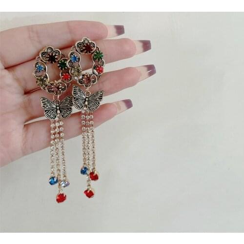 Korean Purple Rhinestone Love Heart Flower Dangle Earrings Long Water Drop Crystal Jewelry Pendientes For Women Fashion