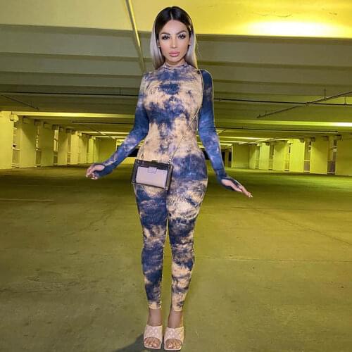 European and American street style slim trousers womens 2021 fall new print hit color round neck zipper yoga suit jumpsuit