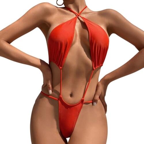 Women Sexy Bikini Fashion Solid Color Cross Bandage Backless Tight Swimsuit