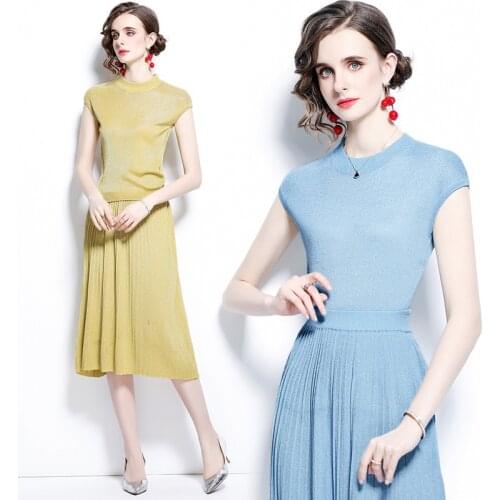 Summer Fall New Pleated Skirt Knitwear Suits Simple Fashion Solid Shinny Sleeveless Tops and Long Skirt Knit 2 Piece Sets Women