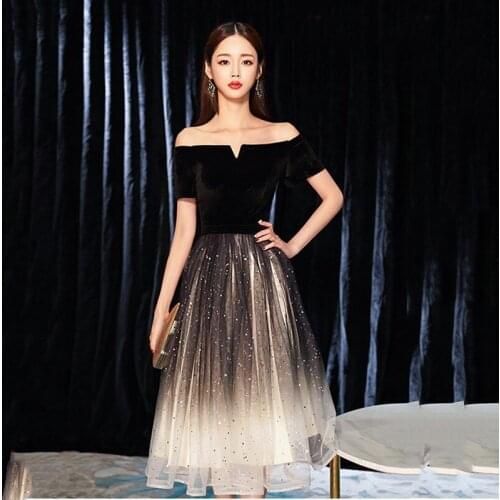 Lady Black-White Gradients Qipao Starry Sky Sequins Pleated Dress Slash Neck Bandage Cheongsam Velour-Mesh Patchwork Vestidos