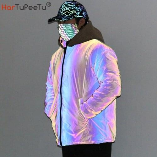 2021 Winter Spring Men Reflective Rainbow Jacket Warm Faux Lamb Fur Plus Size Loose Patchwork Reversible Wear Thick Teddy Coat