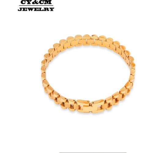 CY&CM 10mm 24K Gold Color Hiphop Watchband President Strap Crown Adjustable Stainless Steel Large Solid Heavy Bracelets Bangles