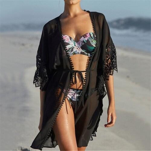 Black Chiffon Beach Bikini Cover Up 2019 Summer Sexy Transparent Cardigan Women Beachwear Swimsuit Cover-Up Kaftan Robe De Plage