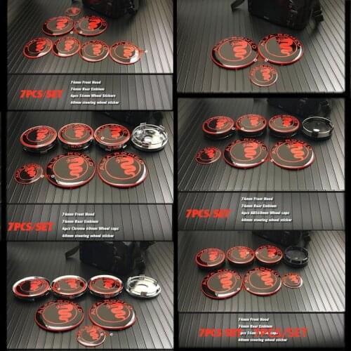 For Alfa Romeo Mito Black Red 7pcs/set Car Wheel Center Cap Covers 56MM/60MM/64MM Steering Decal 40MM Front/rear 74MM 7.4CM