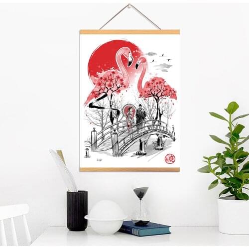 Home Decoration Canvas Pictures Japan Ink Painting Poster Print Animal Wall Art Wooden Scroll Hanging Painting Bedside Backgroun