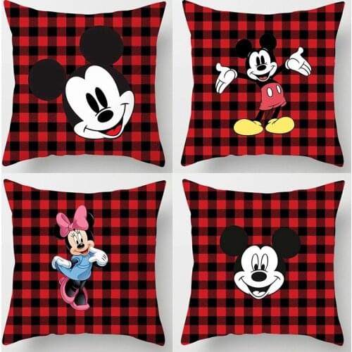 Home Textile Disney Cute Minnie Mickey Mouse Pillowcase Red Plaid Cartoon Pillowcase Children In Bed Sofa Accessories 45x45cm