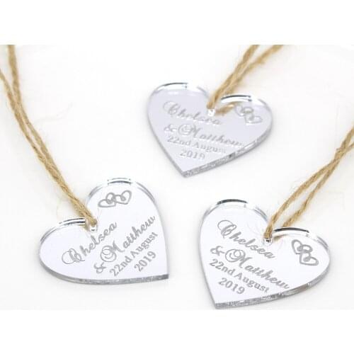 24 Pcs Personalized Engraved Sliver Mirror Love Heart Tags Gift Labels Christening Tags Wedding Party Bridal Shower Decor Favors