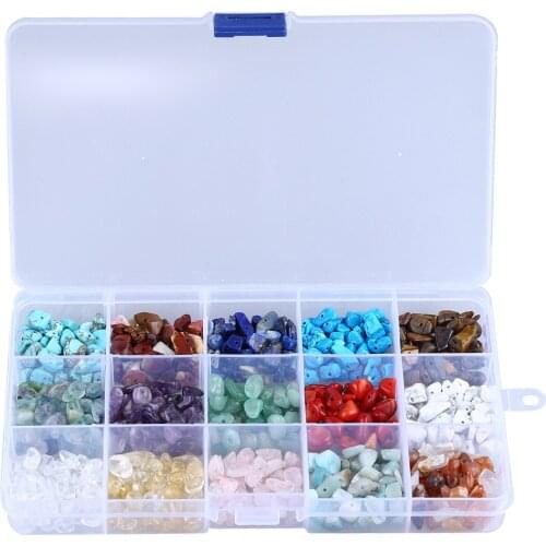 ICNWAY 15 Grid Crushed Natural Stone Loose Beads Boxed Combination Amethyst Green Gold Agate Tiger Eye Stone Crystal Turquoise