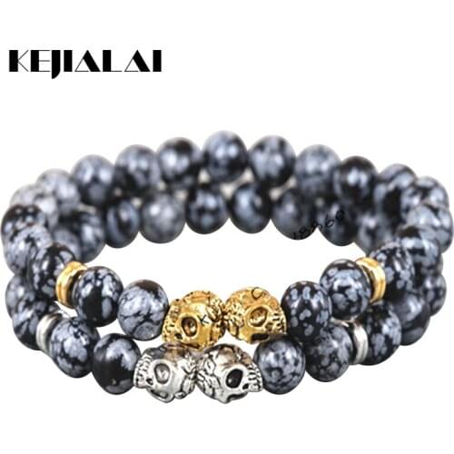 KEJIALAI 1pcs 2018 New Fashion 8mm Beads Bracelet Gold/Silver Color Skull Head Snowflak Lava Stone Beads Mens Bracelet A0315