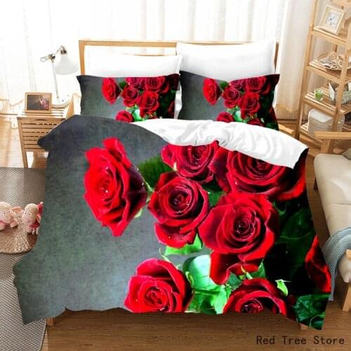 2/3pcs 3D Red Rose Bedding Set High Quality Soft Duvet Cover Bedlines & Pillowcase Reactive Print Bedclothes Queen King Bed Set