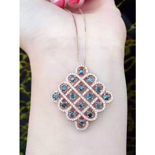 Natural blue sapphire pendant 925 Sterling silver Natural gemstone Pendant Necklace trendy Elegant Valuable Chinese knot jewelry