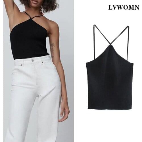 LVWOMN Za Sexy Top Women 2021 Summer Backless Hollow Out Sleeveless Crop Tops Knitted Streetwear Black Sling Slim Women Tops