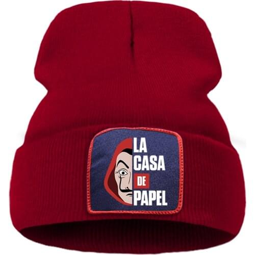 Money Heist Mask Male Personality Text Print Women Autumn Hats Street Warm Mens Winter Knitted Hat Fashion Simple Cap For Girls