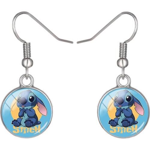 Disney Cute Baby Stitch Pendant Earrings Cabochon Glass Art Printed Round Earrings Girls Jewelry Accessories