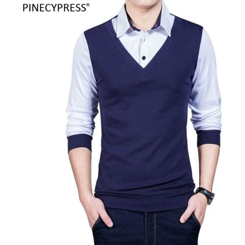 Quality Fashion Cotton Man T-shirt Long Sleeve Turn Down Shirt Collar Patchwork Casual Spring Autumn Black Red Navy Men T Shirt