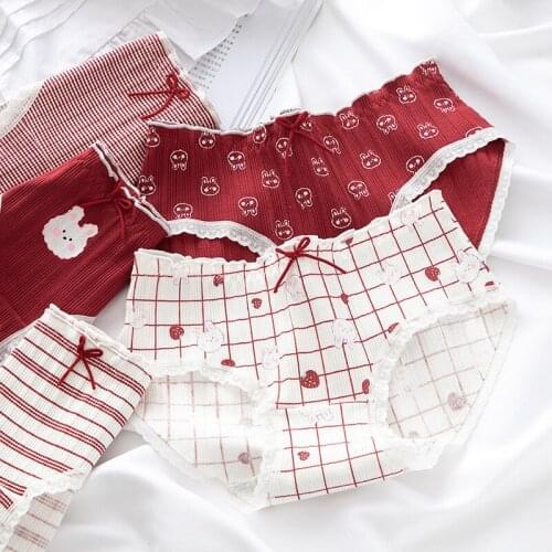 New 5pcs/lot Strawberry Cute Rabbit Wood Ear Threaded Girl Underwear Cotton Crotch Mid-waist Cute Cartoon Student Panties Women