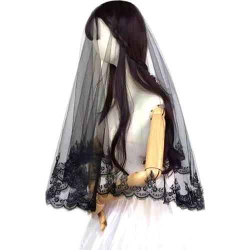 83XC Single Layer Women Girls Cover Face Mantilla Black Wedding Veil Embroidery Eyelash Floral Lace Trim Halloween Cosplay