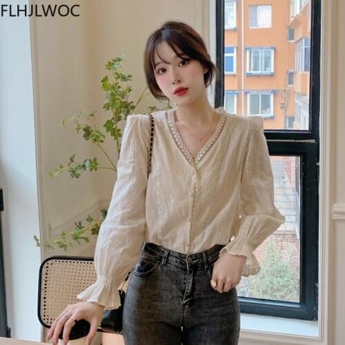 2021 Fall Autumn Basic Shirts Chic Korea Design Clothes Women Cute Sweet Japan Girls V Neck Single Breasted Button Lace Tops