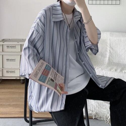 Striped Short-sleeved Shirts Summer Oversize Five-point Sleeve Shirt Loose Tops Streetwear Jacket Classic Retro Male Clothes