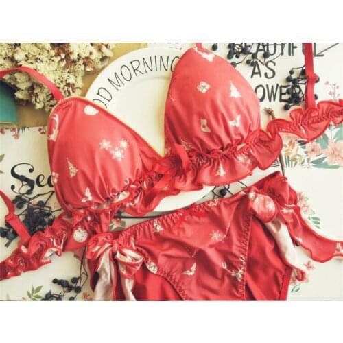Christmas Reindeer Japanese Milk Silk Bra & Panties Set Wirefree Soft Underwear Sleep Intimates Set Kawaii Lolita Red
