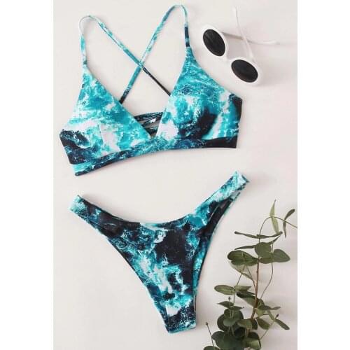 Sexy Marble Print Bikini Set String Tie Swimsuit Women Padded Swimwear Female Swimming Suit For Women Bathing Suit Beach Wear