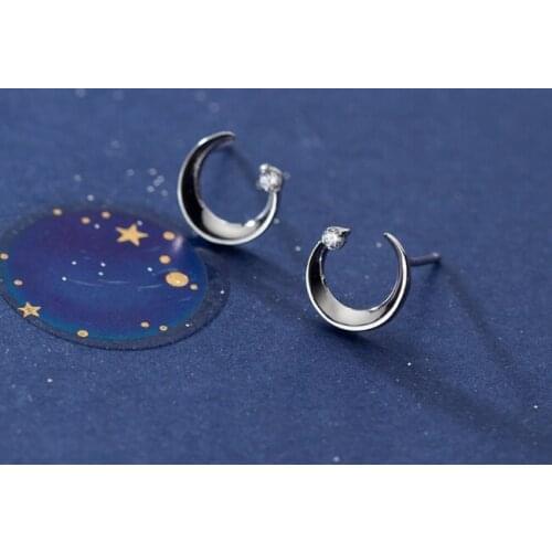 1PAIR 9MM Authentic Real 100% 925 Sterling Silver fine Jewelry white/gold POLISHED MOON &CZ Zircon Stud Earrings GTLE2942